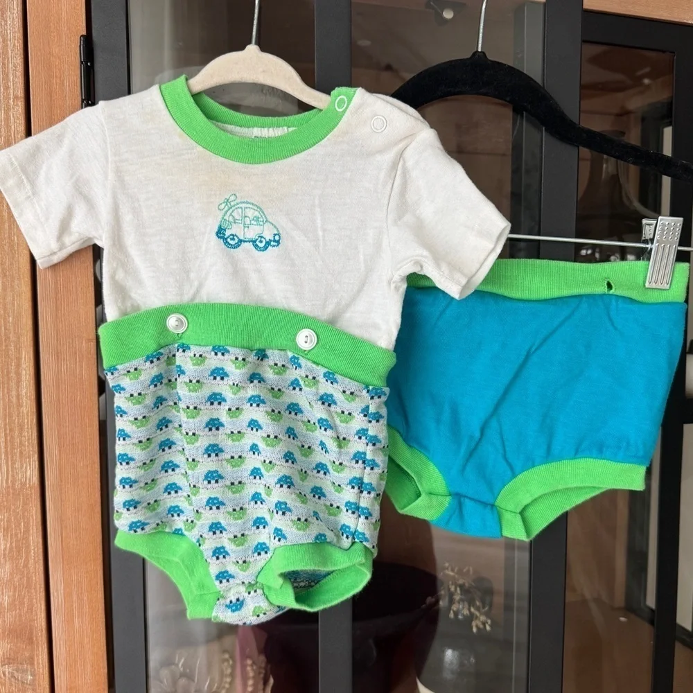 1980s Vintage Toddle Time set baby boy cars embroidered neon romper onesie short